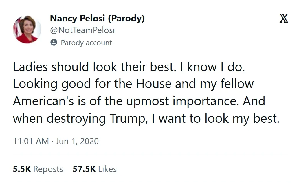 Parody tweet from a fictional Nancy Pelosi (Parody) account