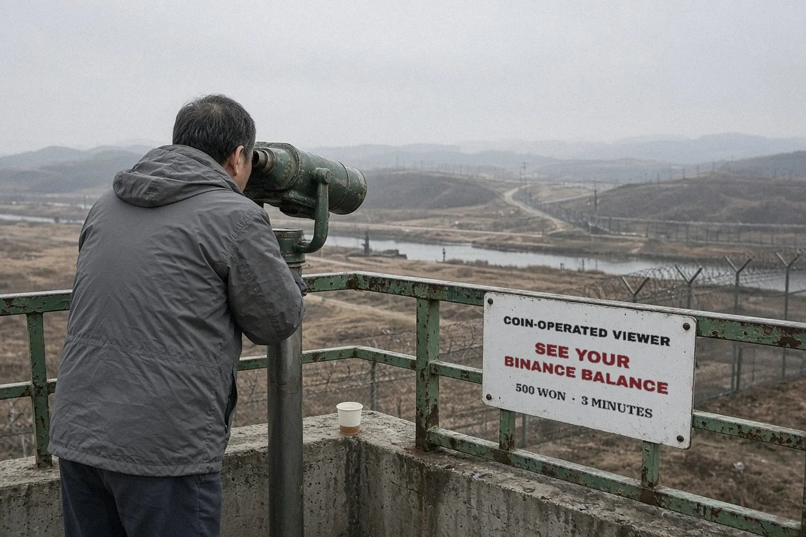 A man in a grey windbreaker, seen from behind, looks through old green coin-operated binoculars on a concrete observation deck over a hazy border valley with razor-wire fences, beside a white metal si