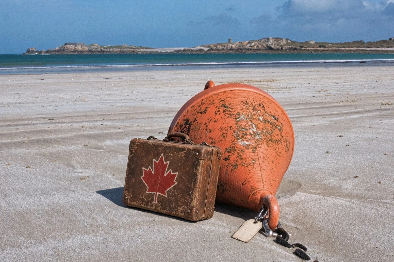 Photo illustration of a weathered orange buoy lying on a beach with a battered suitcase bearing a red maple leaf leaning against it and a luggage tag on its chain