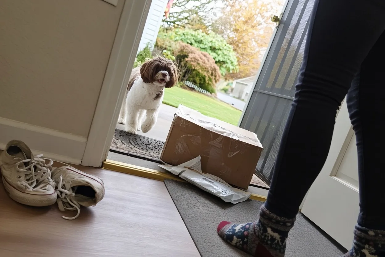 A shaggy dog waits on the front walk outside an open door, beside a stack of cardboard delivery boxes as a person in socks opens the front door.