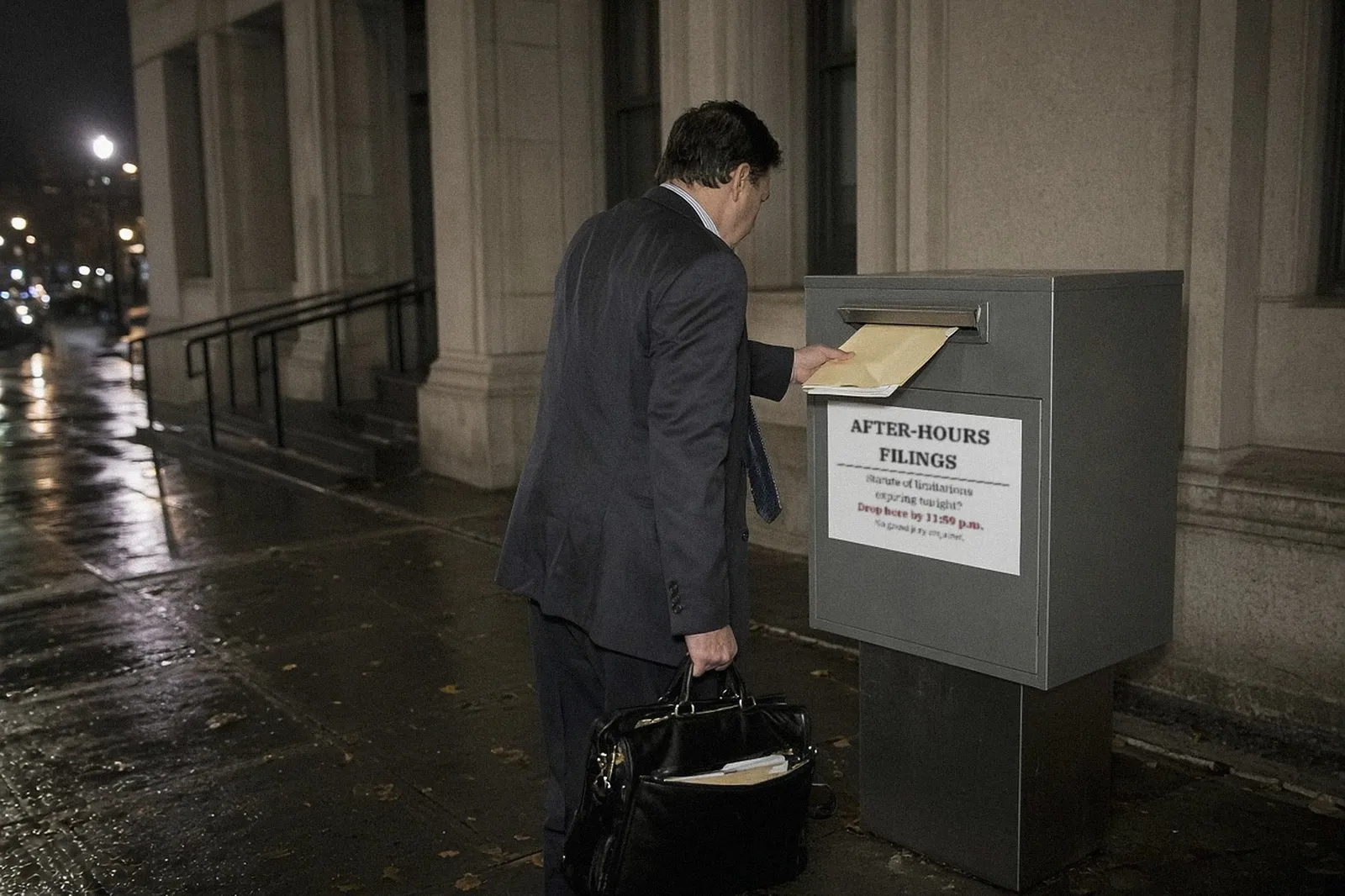 A man in a dark suit, seen from behind at night, pushes a folder into a courthouse drop box labeled “After-hours filings: Statute of limitations expiring tonight? Drop here by 11:59 p.m. No grand jury