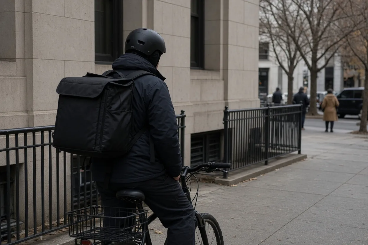 A delivery courier with a waist-length gray beard sits on a chair in a government office hallway, holding an insulated delivery bag and staring at a closed door.