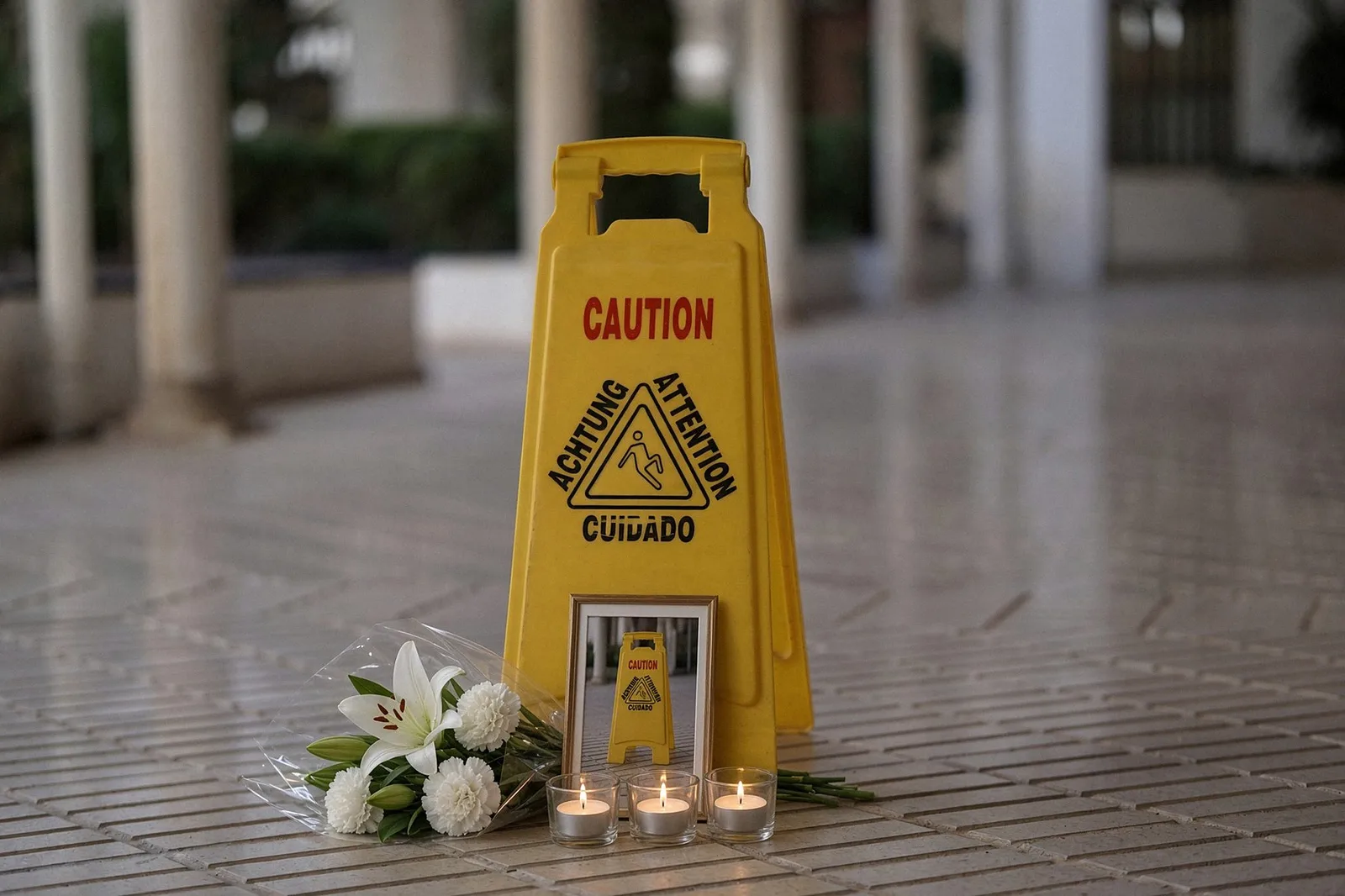 A yellow caution sign with a slipping-person symbol stands on a dry tiled floor in a colonnade, with a bouquet of white lilies and carnations, three lit tea-light candles and a small framed photo of t