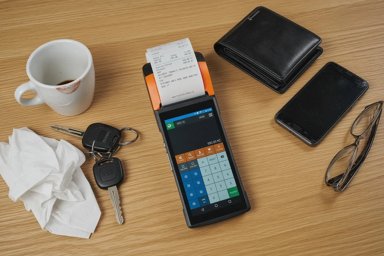 Handheld receipt printer and printed receipts on a wooden desk