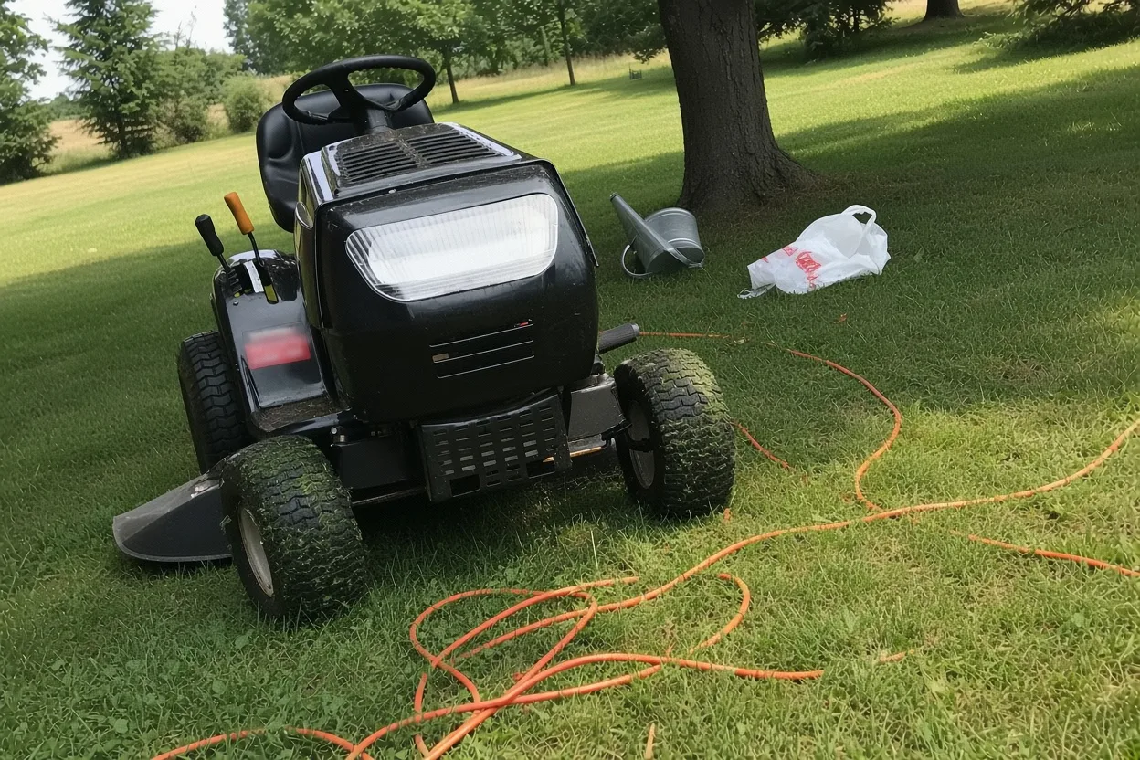 A black riding lawn mower parked on a grassy yard in front of leafy trees