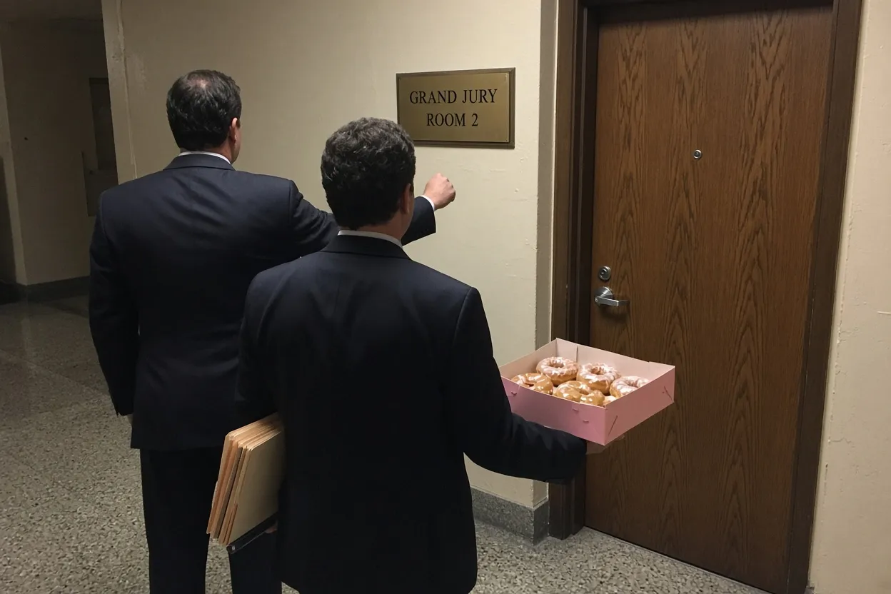 Two prosecutors in dark suits, seen from behind, approach a door marked Grand Jury Room 2, one holding a pink box of glazed doughnuts and a stack of folders.