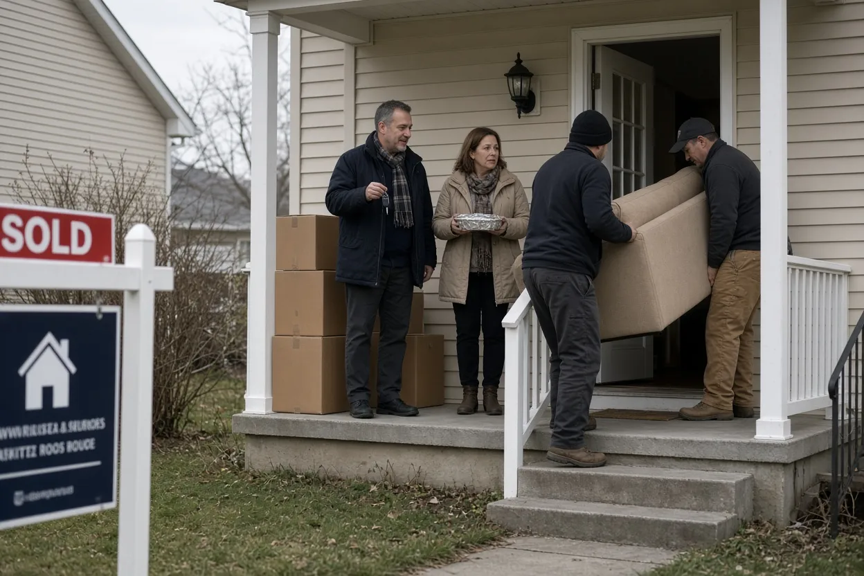 A couple in winter coats lingers on a front porch holding car keys and a casserole dish while two movers carry a couch past them; a SOLD sign stands on the lawn.