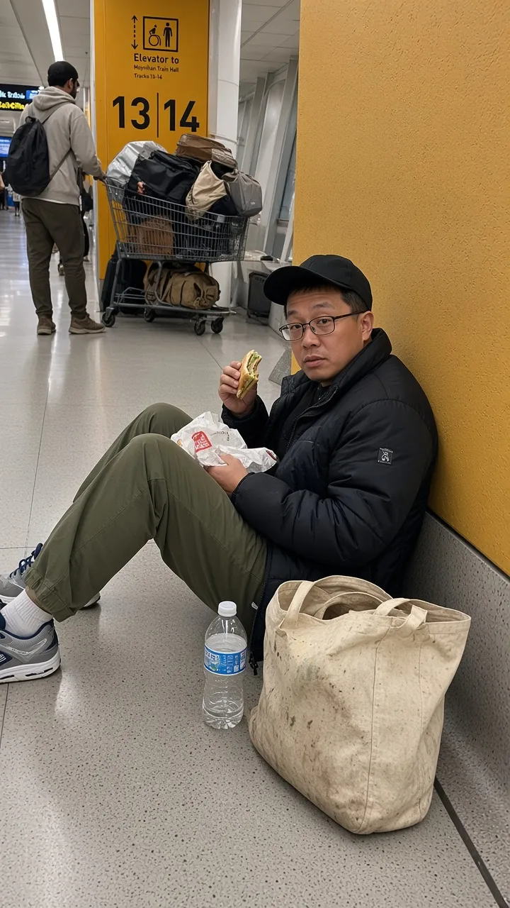 Travelers sitting on the floor of a long airport terminal corridor