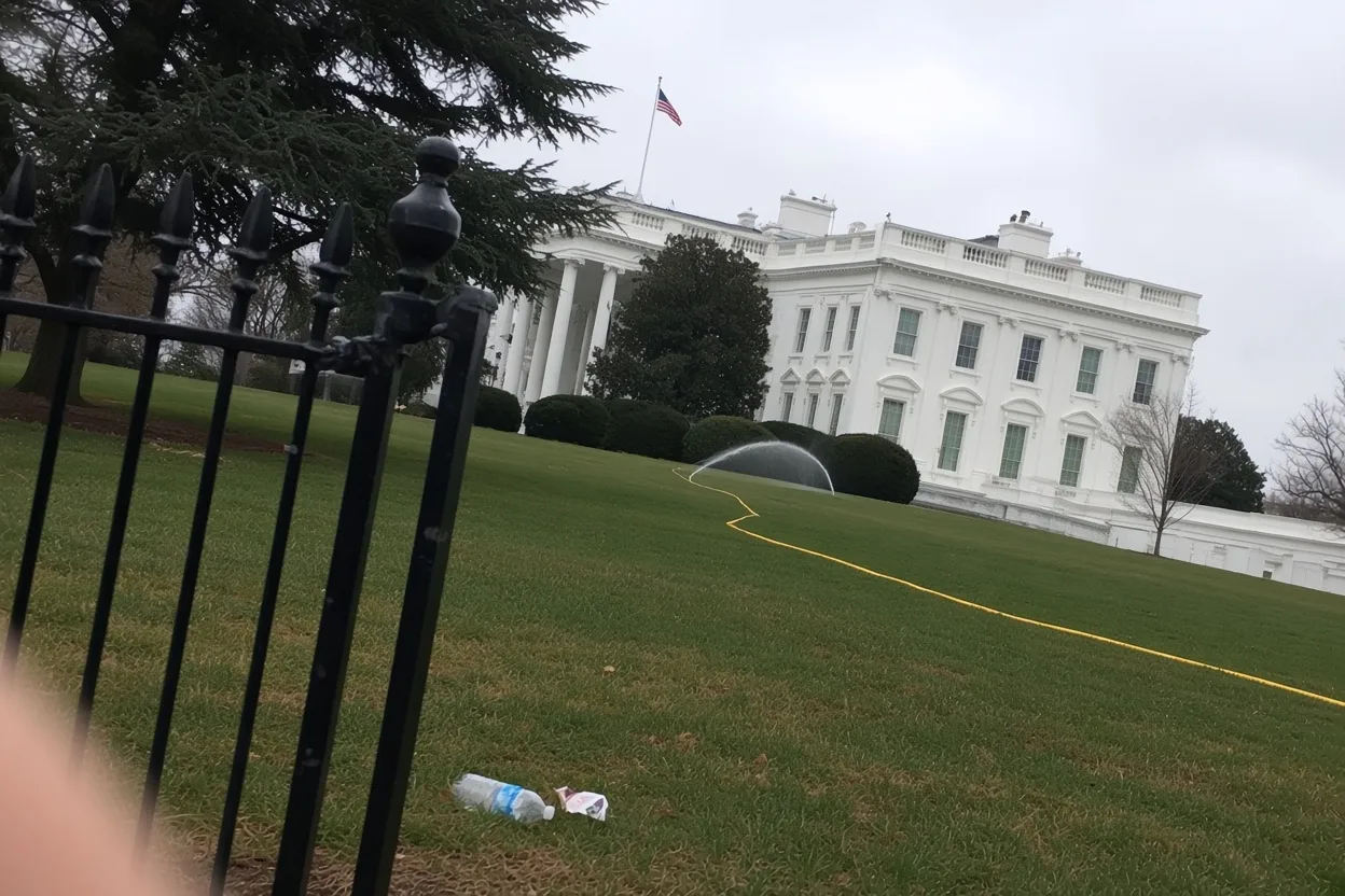 The White House seen from behind its black iron fence