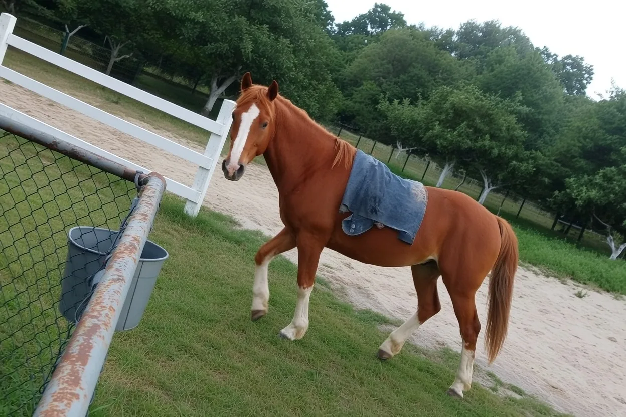 A chestnut horse in a saddle stands on a sandy lot behind a white wooden fence, framed by fence rails in the foreground.