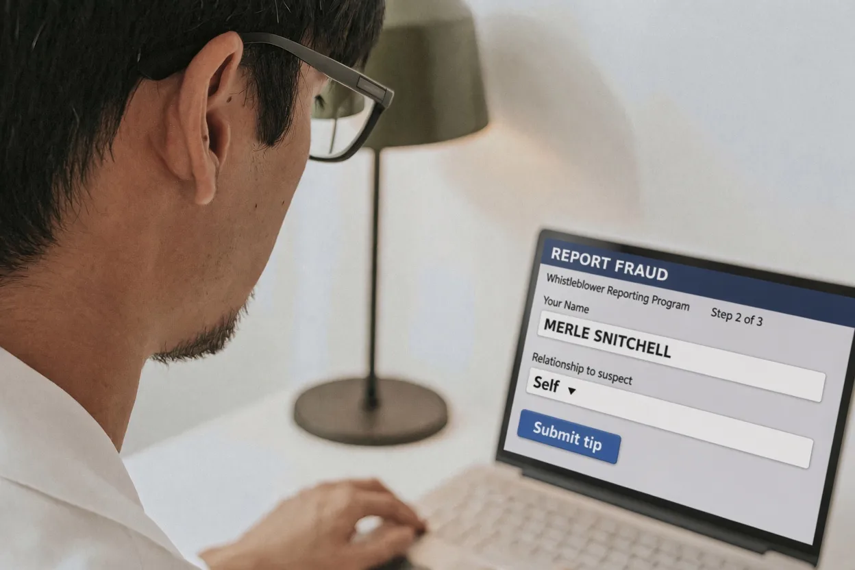 Over the shoulder of a man in glasses and a white shirt typing on a laptop whose screen shows a fraud report form listing the same name as both the person reported and the tipster