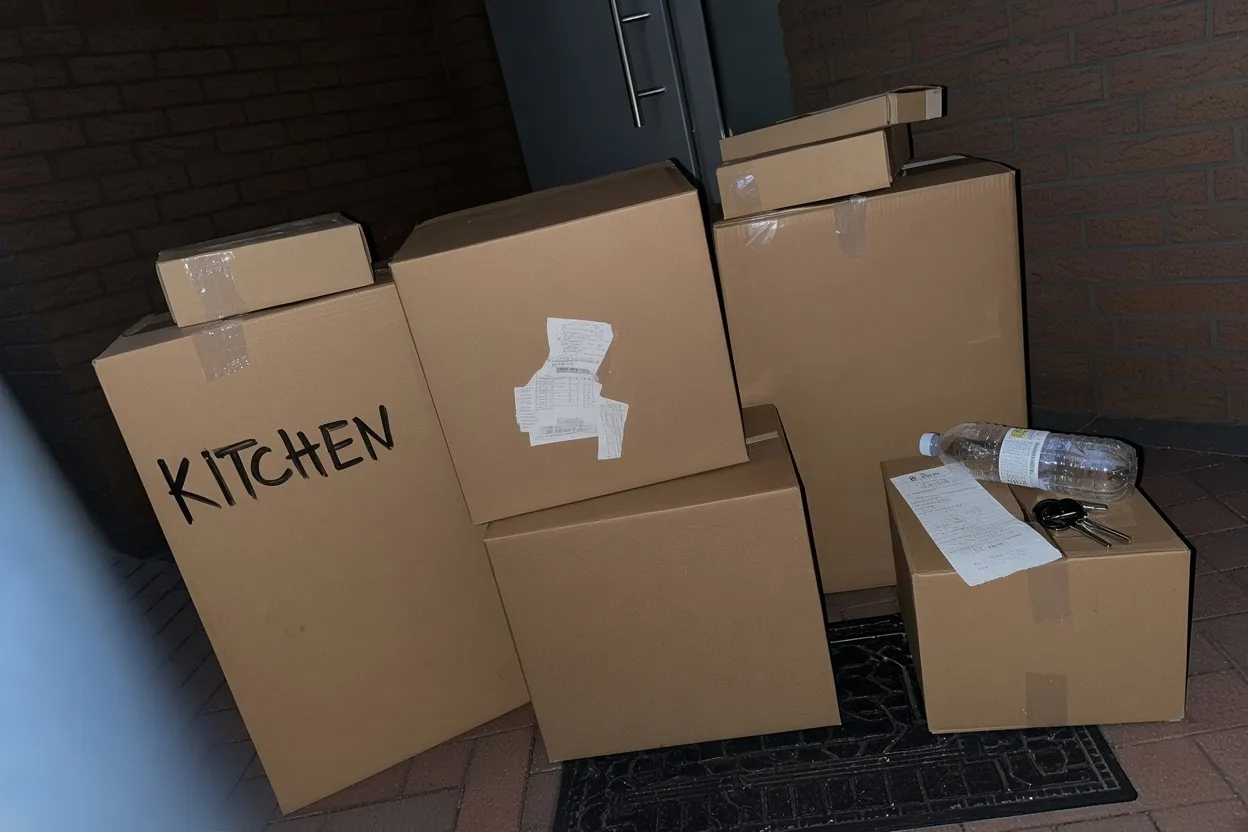 A stack of cardboard delivery boxes piled at a building's front door