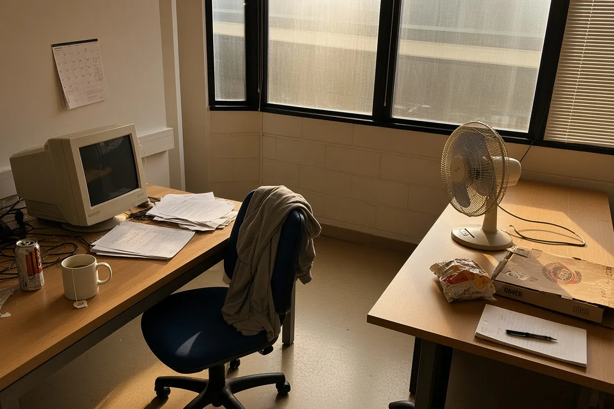 An empty office with wooden desks, a computer workstation, and a blue standing fan by the windows