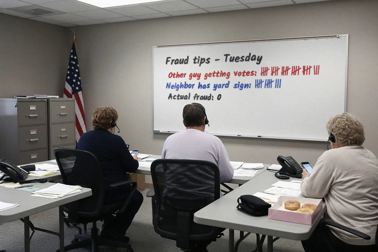 Hotline workers in headsets sit facing a whiteboard that tallies “Fraud tips, Tuesday: Other guy getting votes, 30; Neighbor has yard sign, 15; Actual fraud, 0.”
