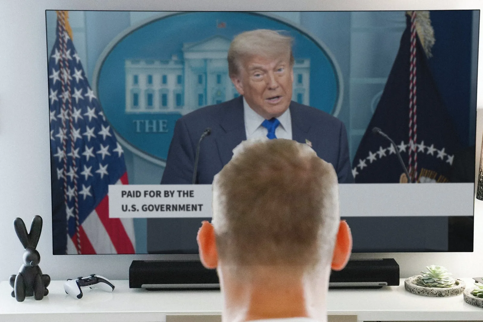 A man seen from behind watches President Trump on a wall TV above a banner reading Paid for by the U.S. Government