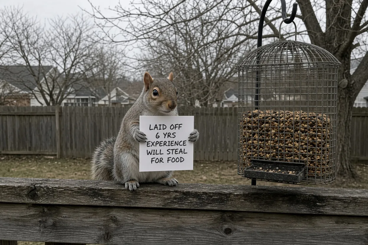 A gray squirrel on a deck railing next to a caged bird feeder, holding a cardboard sign that reads Laid Off, 6 Yrs Experience, Will Steal For Food