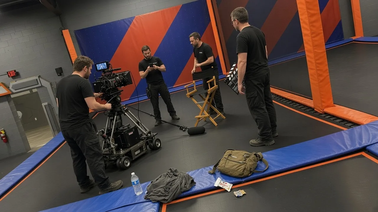 A film crew with a cinema camera on a dolly, a boom microphone, a clapperboard and an empty director’s chair stands on the floor of an indoor trampoline park, with a row of work boots lined up on a bl
