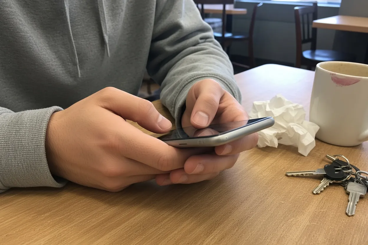 Close-up of two hands holding and tapping a smartphone on a wooden table in warm light