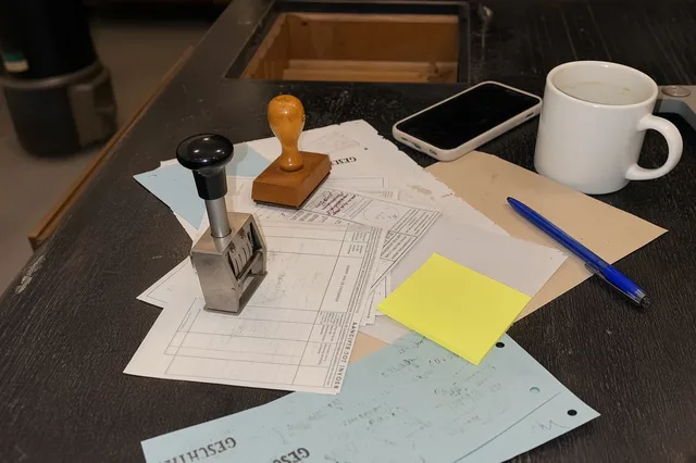 Rubber stamps and official forms stacked on a dark wood bureaucratic desk