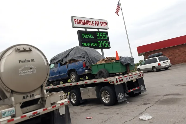 Panhandle Pit Stop truck stop sign listing a Treaty Blend diesel price