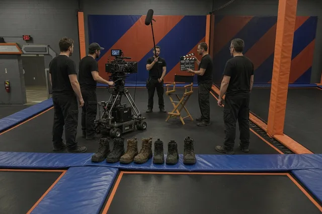 A film crew with a cinema camera on a dolly, a boom microphone, a clapperboard and an empty director’s chair stands on the floor of an indoor trampoline park, with a row of work boots lined up on a bl