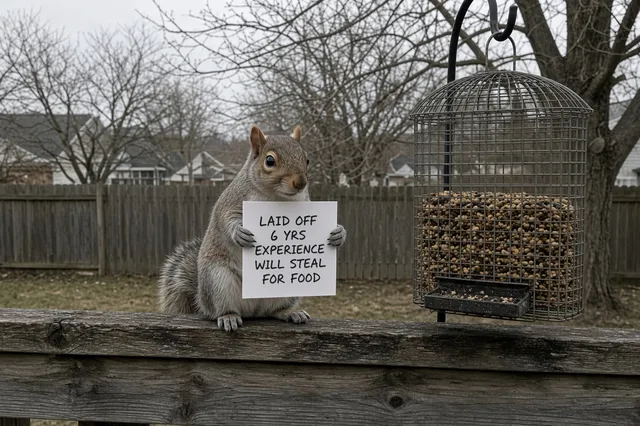 A gray squirrel on a deck railing next to a caged bird feeder, holding a cardboard sign that reads Laid Off, 6 Yrs Experience, Will Steal For Food