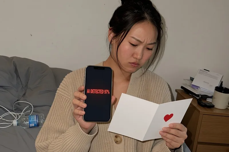 A woman frowning at an anniversary card while holding a phone that reads AI DETECTED 97%