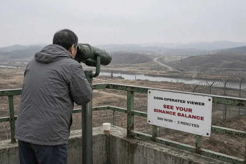 A man in a grey windbreaker, seen from behind, looks through old green coin-operated binoculars on a concrete observation deck over a hazy border valley with razor-wire fences, beside a white metal si