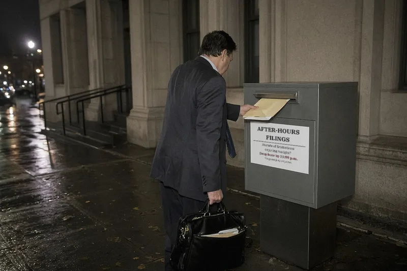 A man in a dark suit, seen from behind at night, pushes a folder into a courthouse drop box labeled “After-hours filings: Statute of limitations expiring tonight? Drop here by 11:59 p.m. No grand jury