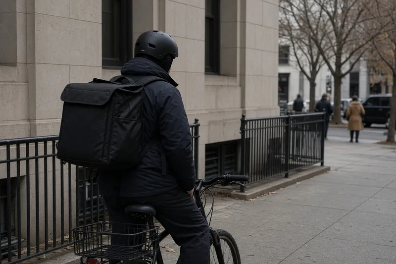 A delivery courier with a waist-length gray beard sits on a chair in a government office hallway, holding an insulated delivery bag and staring at a closed door.
