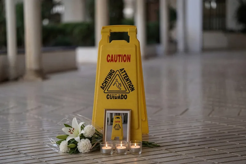 A yellow caution sign with a slipping-person symbol stands on a dry tiled floor in a colonnade, with a bouquet of white lilies and carnations, three lit tea-light candles and a small framed photo of t