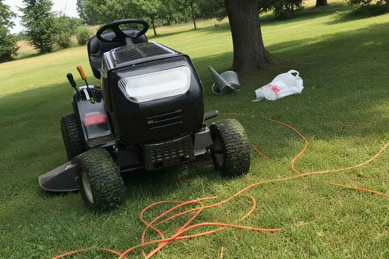 A black riding lawn mower parked on a grassy yard in front of leafy trees