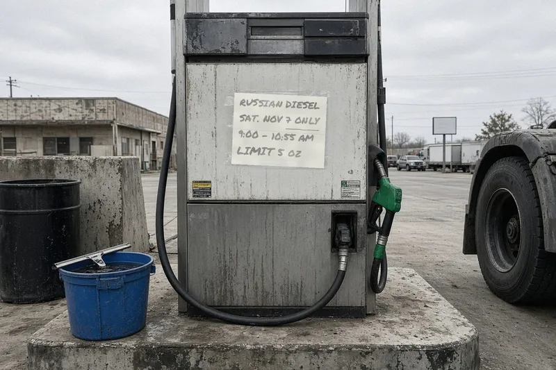 A handwritten sign taped to a diesel pump at a truck stop reads “Russian diesel, Sat. Nov. 7 only, 9:00–10:55 AM, limit 5 oz.”