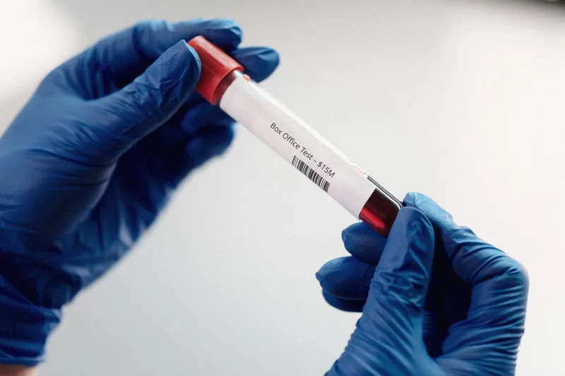 Two hands in blue gloves hold a red-capped sample tube labeled “Box Office Test – $15M” with a barcode