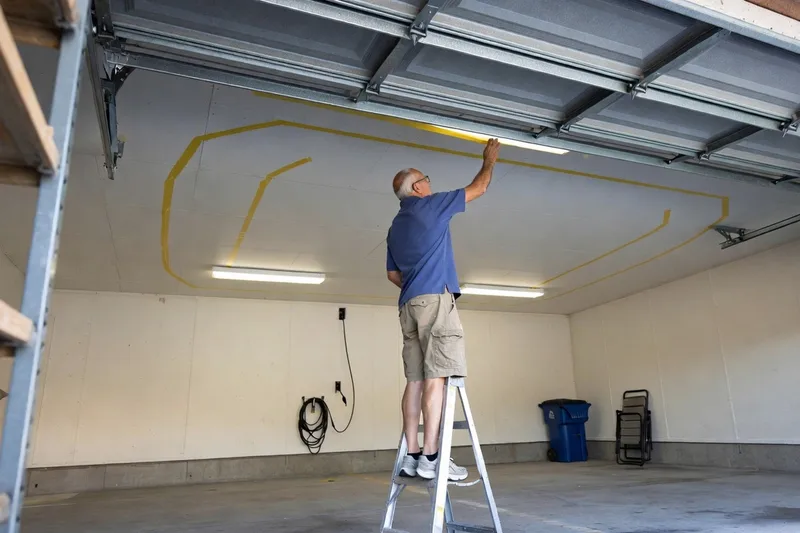 A man in a blue polo shirt and khaki shorts stands on a stepladder in an empty garage, pressing yellow tape onto the ceiling to outline a car-sized parking space.