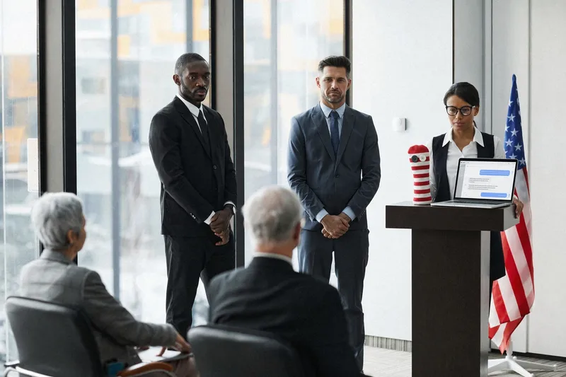 A striped sock puppet and a laptop on a lectern beside a spokeswoman