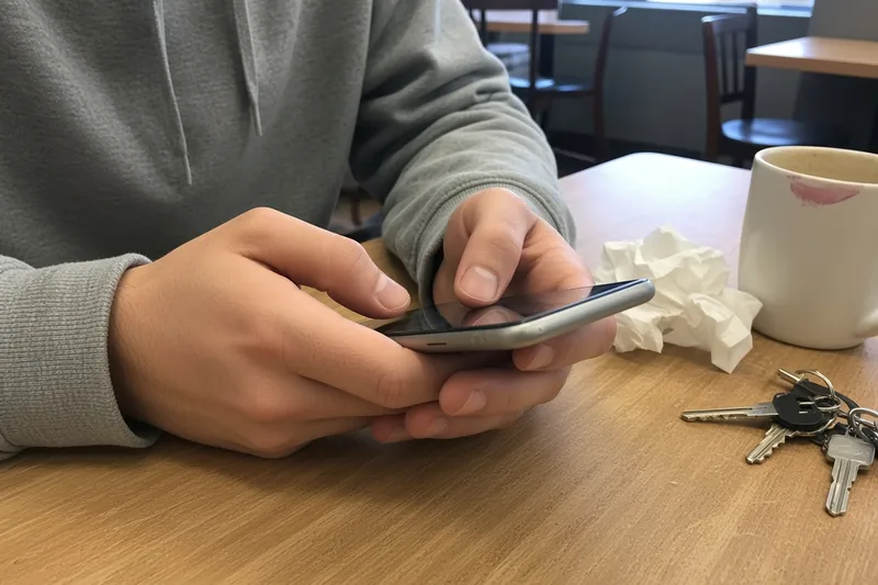 Close-up of two hands holding and tapping a smartphone on a wooden table in warm light