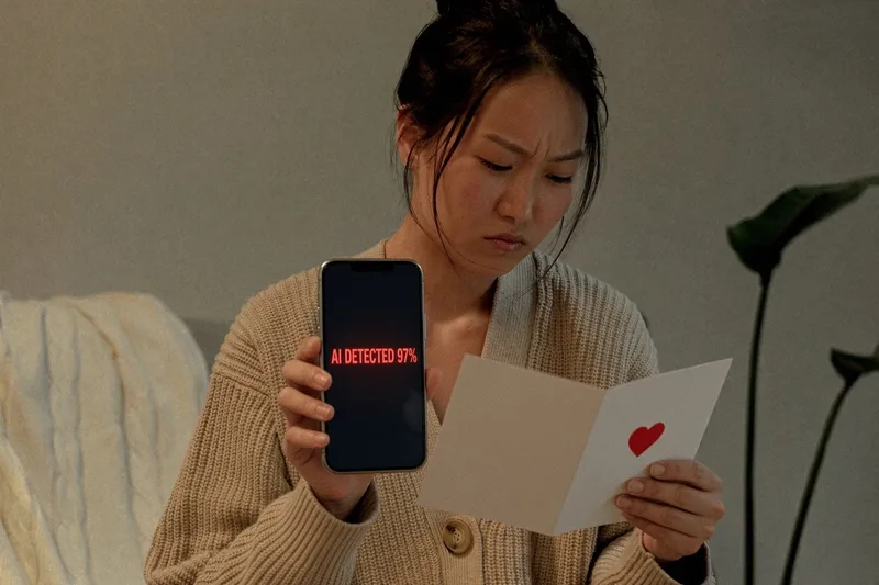 A woman frowning at an anniversary card while holding a phone that reads AI DETECTED 97%