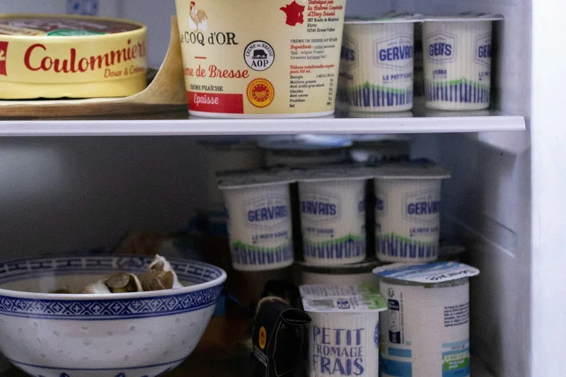 Rows of yogurt cups stacked on the shelves of a refrigerator next to a bowl and a tub of cheese.