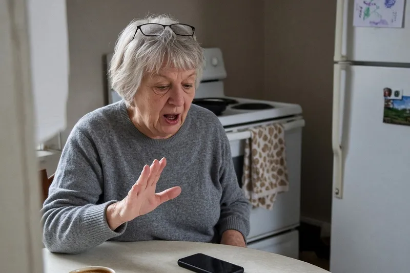 Gray-haired retiree leans toward a cellphone on speaker at her kitchen table, slowly enunciating beside a legal pad full of tally marks