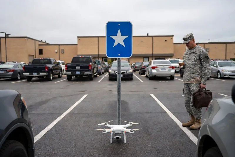 A small drone sits in a reserved general’s parking space while an Army officer with coffee and a briefcase looks down at it.