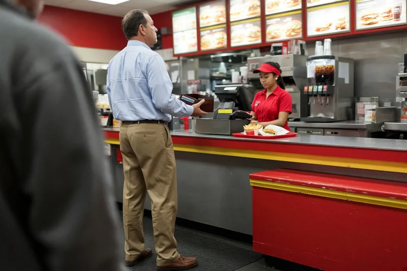 A customer in loafers holds an open wallet at a fast-food counter while a cashier rings him up.